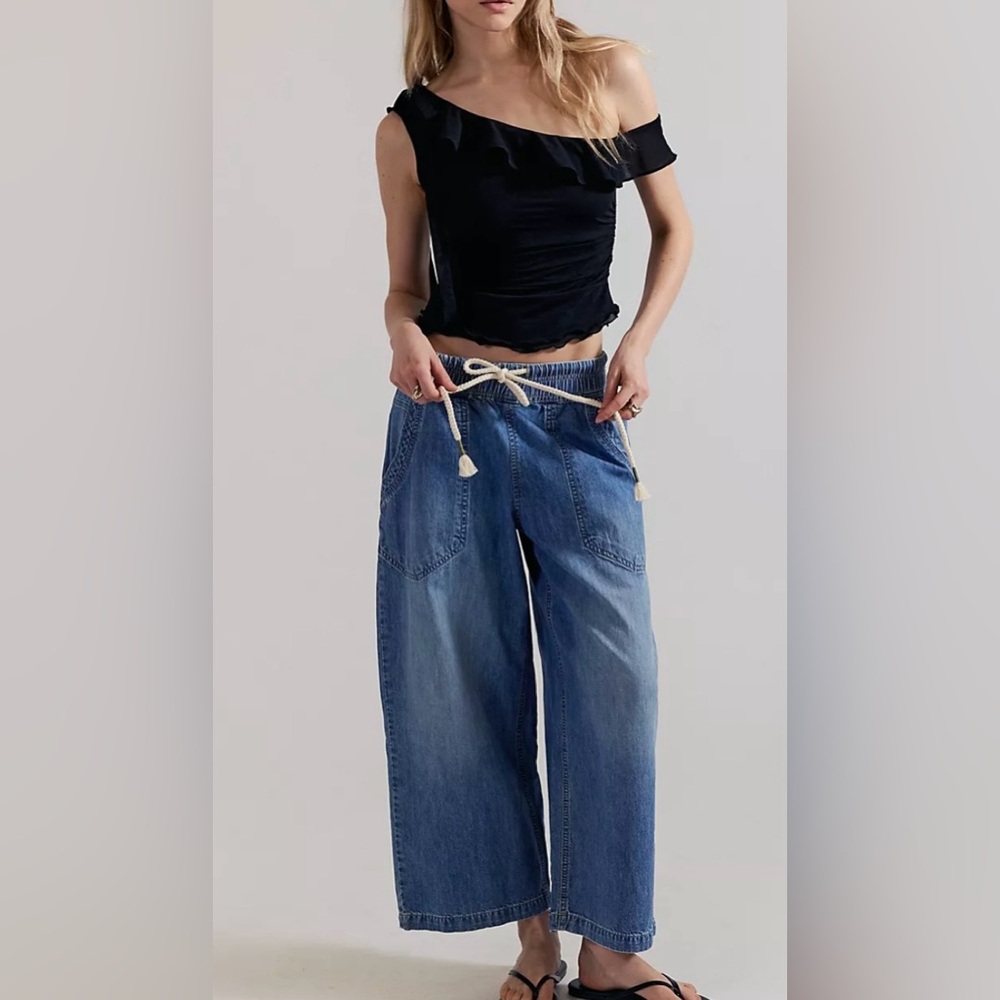 Free People Easy Pull on Light Blue Elastic Waist Denim Pants NWT SIZE L - Picture 8 of 9
